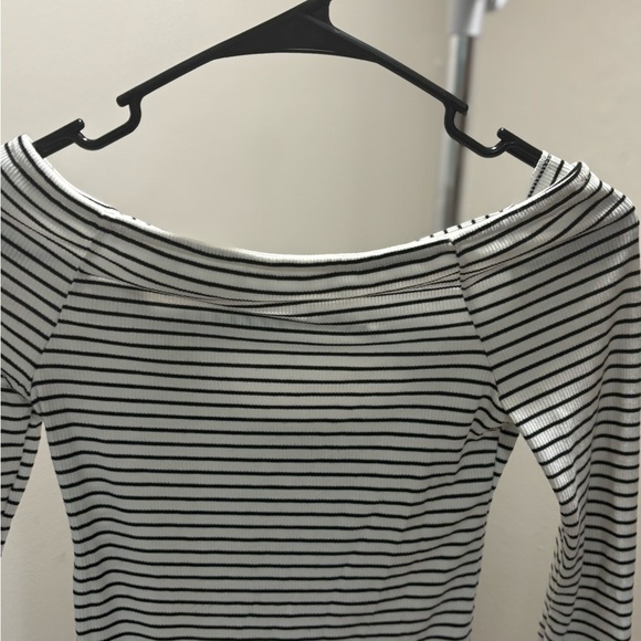 Lucky Brand Stripe Off Shoulder Ribbed Top Long Sleeve Criss Cross Back Size XS - Picture 3 of 7